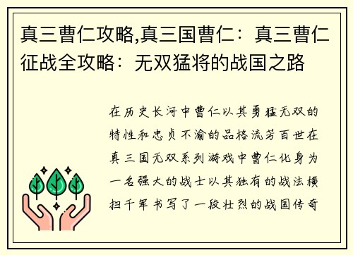 真三曹仁攻略,真三国曹仁：真三曹仁征战全攻略：无双猛将的战国之路