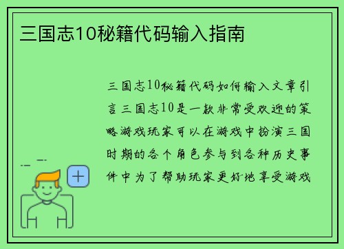 三国志10秘籍代码输入指南